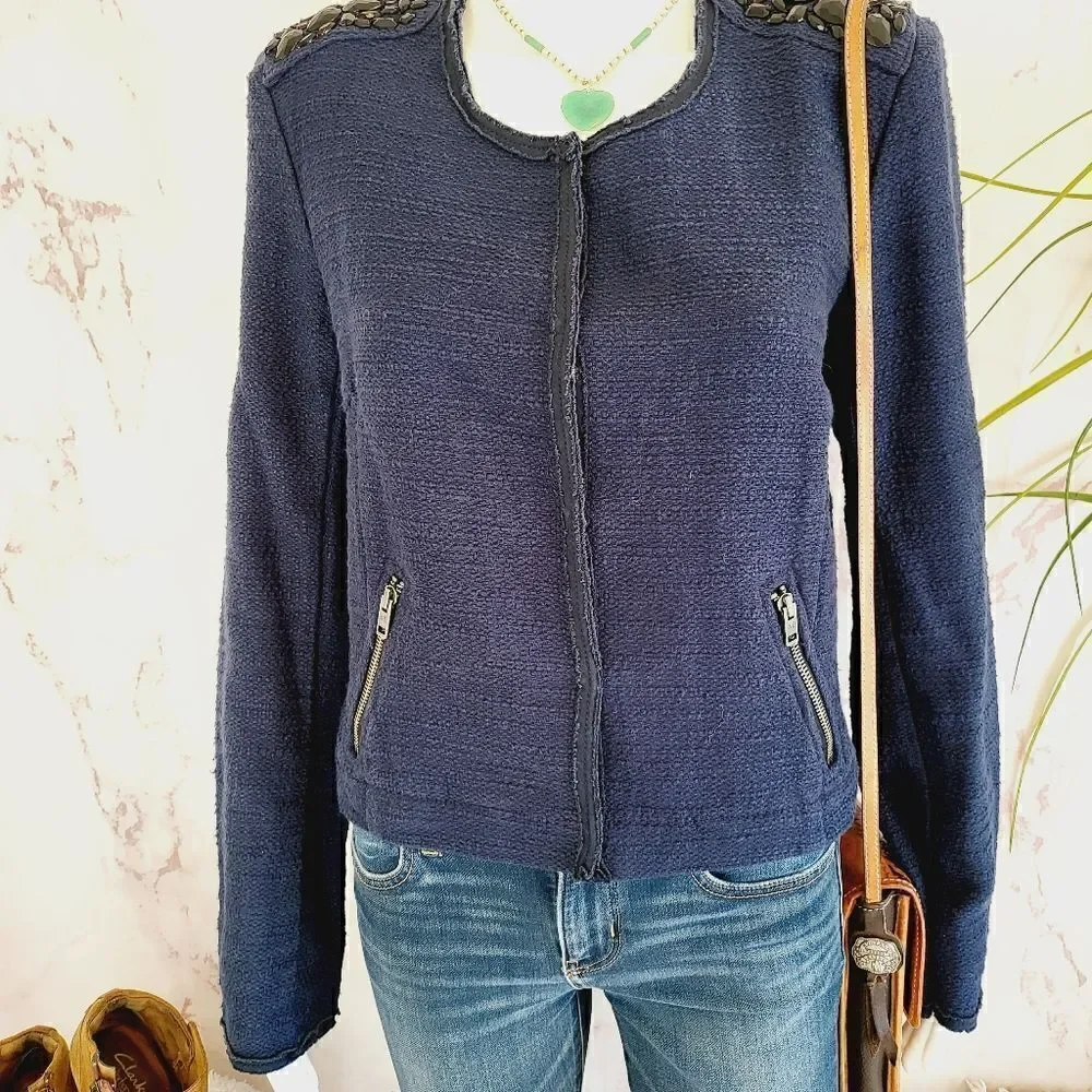 American Eagle Outfitters navy blue tweed embellished blazer